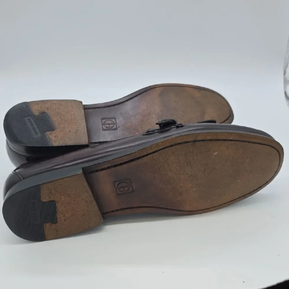 Cole Haan Burgundy Leather Kiltie Loafers with Gold Buckle Accent